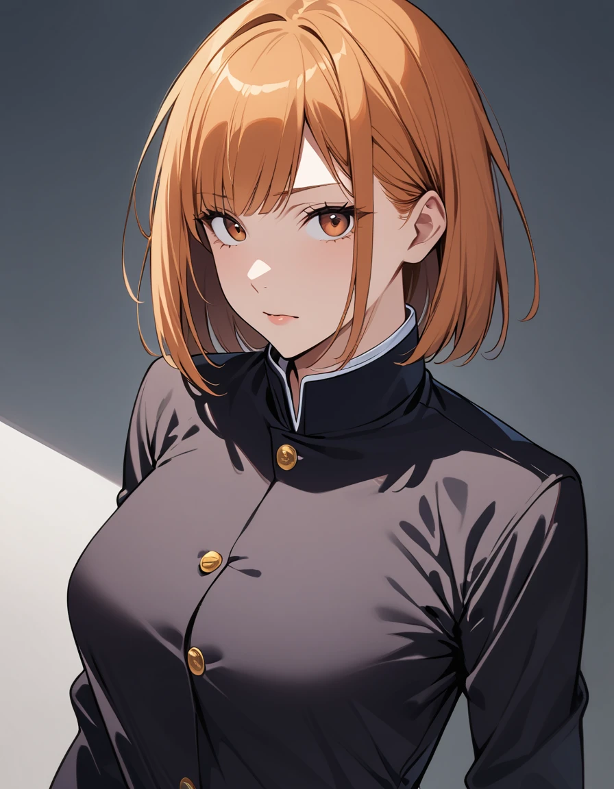 (masterpiece), (Best Quality), (Very detailed), (Best illustrations), (Best Shadow), (Absurd), nobarakugisakinovaShort hair, Orange Hair, ((Brown eyes)), Nobara Kugisaki, uniform, One girl, Alone, jacket, bangs, gakuran, Mouth closed, Long sleeve, View your viewers, Upper Body, tits
