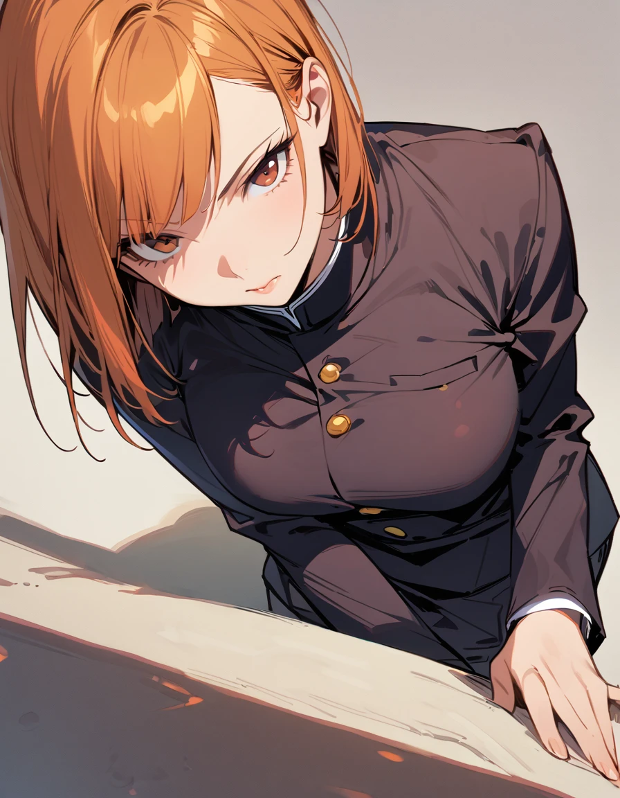 (masterpiece), (Best Quality), (Very detailed), (Best illustrations), (Best Shadow), (Absurd), nobarakugisakinovaShort hair, Orange Hair, ((Brown eyes)), Nobara Kugisaki, uniform, One girl, Alone, jacket, bangs, gakuran, Mouth closed, Long sleeve, View your viewers, Upper Body, tits
