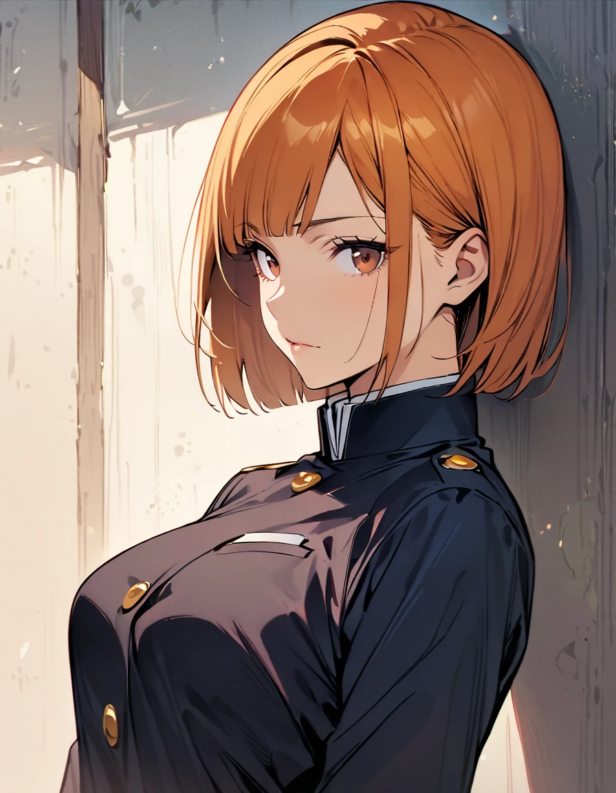 (masterpiece), (Best Quality), (Very detailed), (Best illustrations), (Best Shadow), (Absurd), nobarakugisakinovaShort hair, Orange Hair, ((Brown eyes)), Nobara Kugisaki, uniform, One girl, Alone, jacket, bangs, gakuran, Mouth closed, Long sleeve, View your viewers, Upper Body, tits
