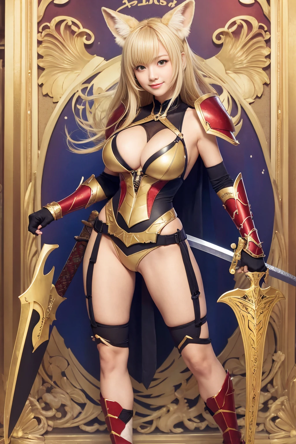 ((highest quality)), (be familiar with), perfect face, Japanese, girl, smile, Full body Esbian:1.5, big breasts:1.5, Woman warrior:1.5, high-leg Racing-Style swimsuit Monokini armor:1.5, adventurer, huge sword, huge sword, huge sword, huge gun, Tail, Fennec fox Ear, Sony FE GM