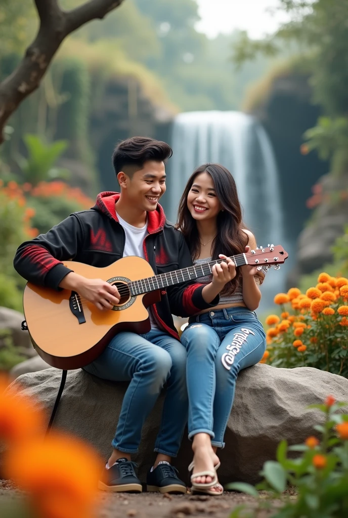 full body,  a handsome Indonesian man with black hair, wearing a white hoodie, black trousers, wear sneakers, he was playing guitar in a beautiful garden. behind him is a beautiful woman (his girlfriend) was embracing Lelski&#39;s neck, the black-haired woman was hugging Mersa. Their faces are facing forward looking at the camera, the picture is very clear,nyata realistic 64k