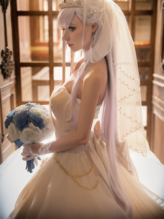 Bride, wedding dress, long dress, beautiful dress, victorian dress, dress with ribbons and bowes, high heels, blushing, teasing, blue eyes, white hair, sleeveless, stockings, earrings, neckless, ring, running, windy, long flowy hair, breasts, 1girl, Solo, High Resolution, masterpiece, lace, dress lift, luxurious bedroom, bed, kneeling