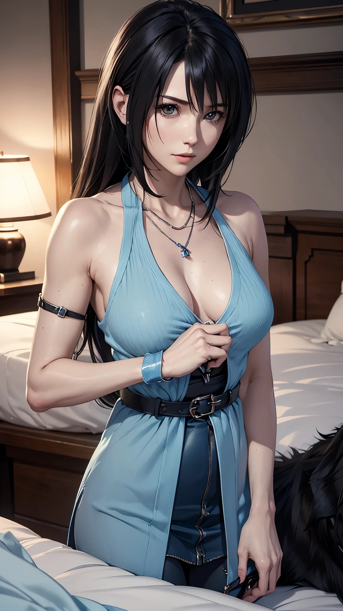 rinoa, blue duster, blue wristbands, holding necklace, portrait body, unparalleled masterpiece, ultra realistic 8k CG, perfect artwork, clean, beautiful face, pure face, pale skin, intricate detail, prestige, gorgeous, luxury, fancy bedroom, sleeping in bed, turn back, dog