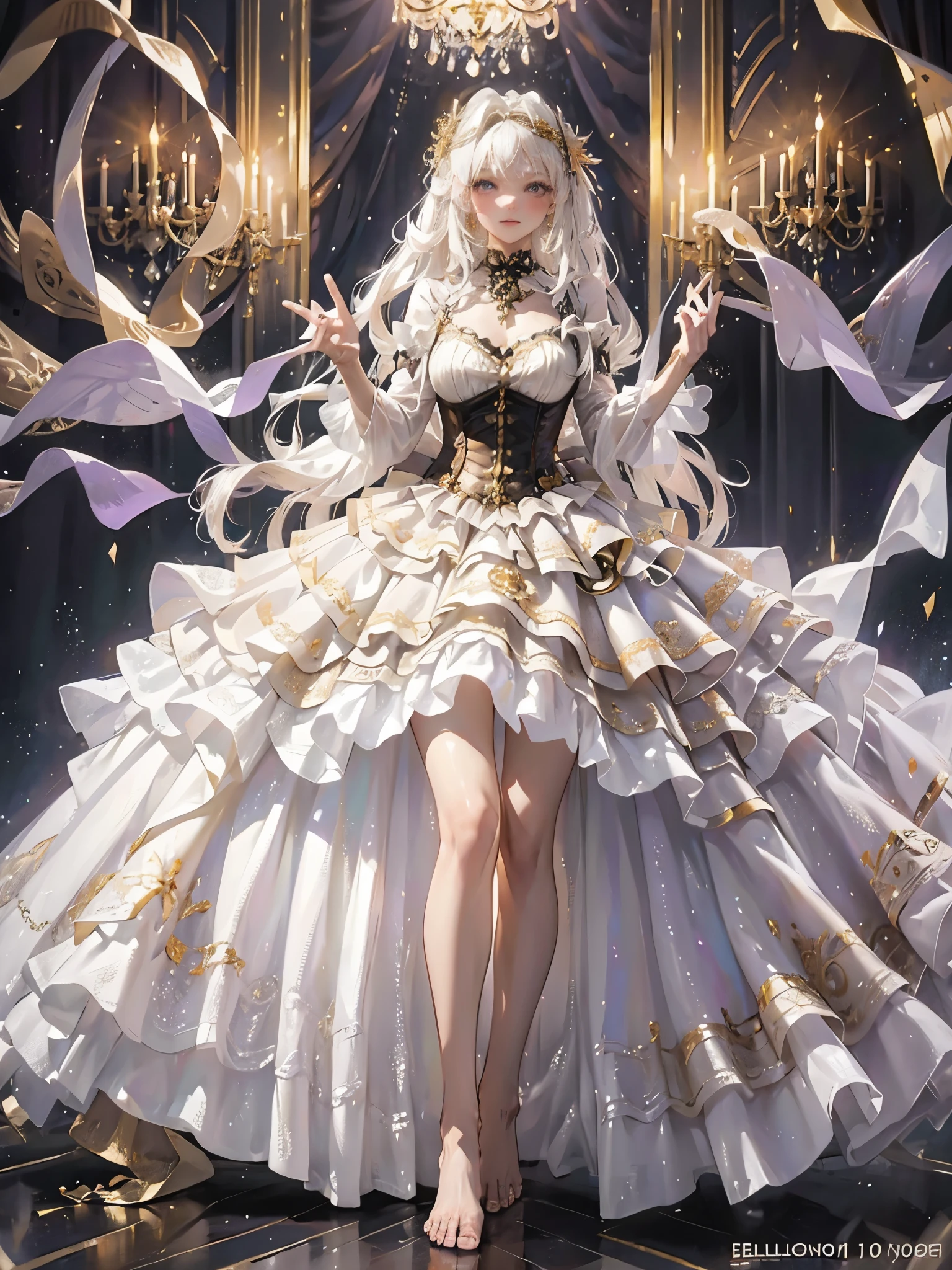 Ultra-realistic photo of a girl in a majestic purple and golden black ball gown dress,big beautiful dress, Intricate billowing ball gown with lots of ruffles and rhinestones, muste piece, art station, fantasy art:1.2), palace room, beautiful cute girl, (long white hair:1.1), (intricate short gold skirt, barefoot:1.2, full body shot)
