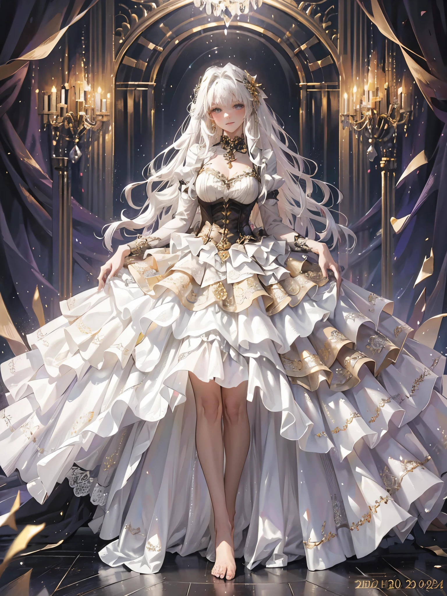 Ultra-realistic photo of a girl in a majestic purple and golden black ball gown dress,big beautiful dress, Intricate billowing ball gown with lots of ruffles and rhinestones, muste piece, art station, fantasy art:1.2), palace room, beautiful cute girl, (long white hair:1.1), (intricate short gold skirt, barefoot:1.2, full body shot)