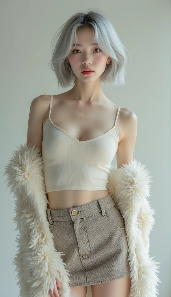 Beautiful woman with perfect figure:1.4，snow，Touching butt with both hands，snow背景，Layered Hairstyle，White skin，Prominent cleavage，Pleated Skirt，whole body，Very delicate face and skin texture，Double eyelids，Skin Whitening，Long white hair