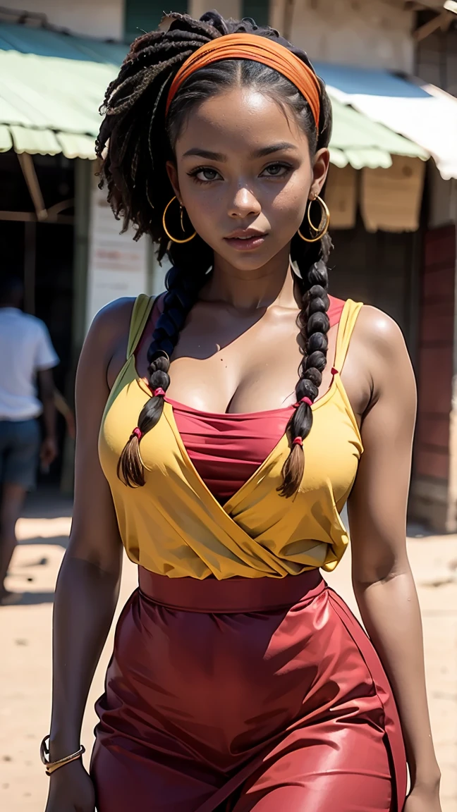 A young Black-haired, tan-skined woman, braided pigtails, orange prison jumpsuit, showing cleavage