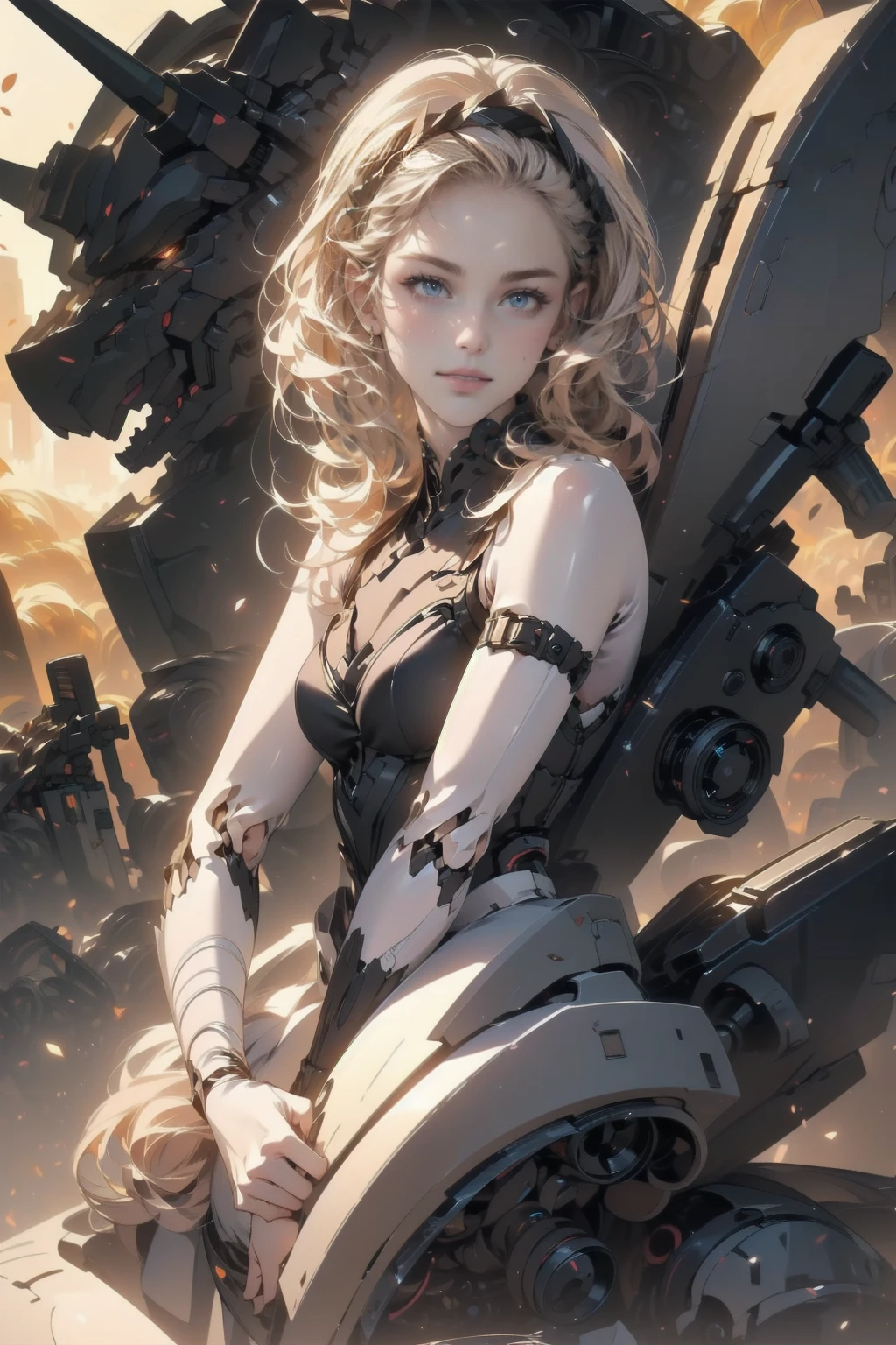 Masterpiece, The best quality,
1Girl Dark Wizard Gils, only, long hair, blond hair, photorealistic, 
(Beautiful finely detailed eyes: 1.2),open clothing, bright Eyes, shiny hair, Glossy skin, Metal construction, wires and cables, (bright Eyes), (mechanical arms), Science fiction,(Large mecha arm),cowboy shot, energy tank,