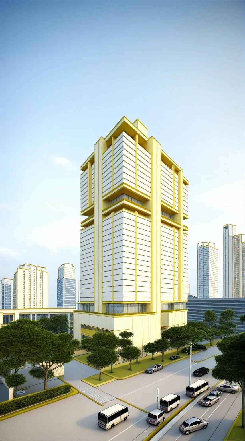 shangyejie, a residential towers, with a small podium at the ground floor and white color, in the Ho Chi Minh city in Viet Nam, designed in the style of modern architectural style. light yellow, random color, The towers have rectangular balconies on each side.side view,During the daytime, natural lighting, architectural photography, masterpiece, best quality, photorealism, ultra relistic, 