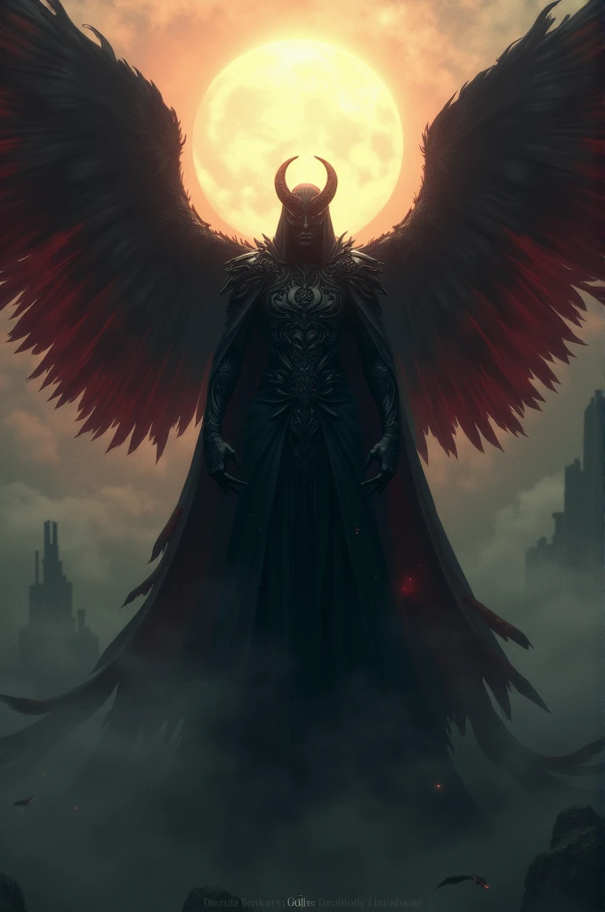 abstract and surreal depiction of a pride demon is made from smoke and haze, the demon has large, eagle-like wings, its eyes sparkle with arrogance, The demon’s limbs are long and slender, exuding confidence and authority, (low saturation), (faded color) palette is monochrome color, a little gold and vibrant red, with intricate, soft yet sharp lines to, featuring dark, ominous tones ,mystical atmosphere, basic background, (minimilism), dim,