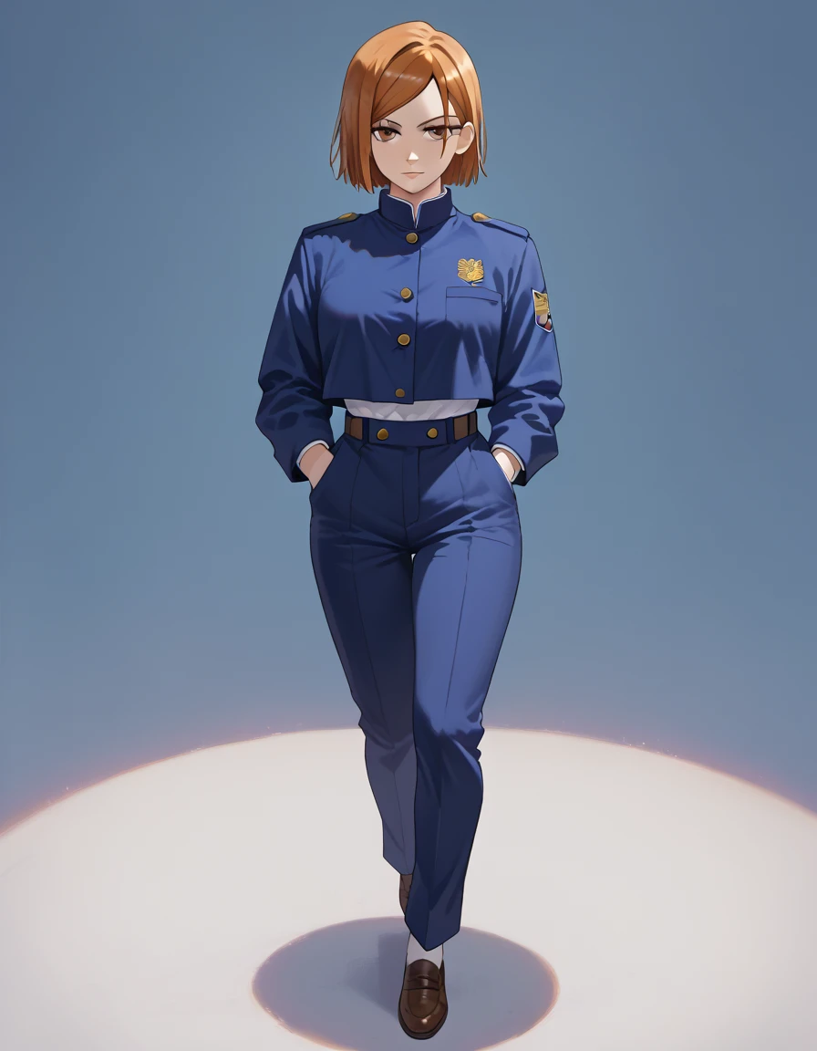 (masterpiece), (Best Quality), (Very detailed), (Best illustrations), (Best Shadow), (Absurd), nobarakugisakinovaShort hair, Orange Hair, ((Brown eyes)), Nobara Kugisaki, uniform, One girl, Alone, jacket, bangs, gakuran, Mouth closed, Long sleeve, View your viewers,full body
