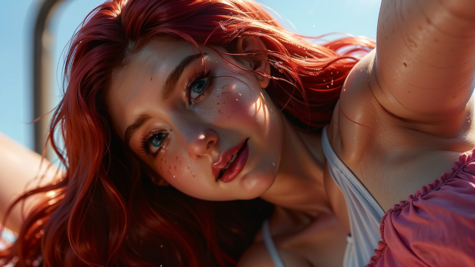((Masterpiece)), ((Best Quality)), illustartion art, a sexy busty bimbo, (redhead, ginger hair:1.4), ((very detailed face, realistic:1.4)), (big plump fake lips:1.2), (Huge Fake breasts:1.4, cleavage:1.4), 8K,16k, (Background, plain white background:1.5), (seductive smile, happy:1.3), (cum covered face, cum dripping off her face:1.2)