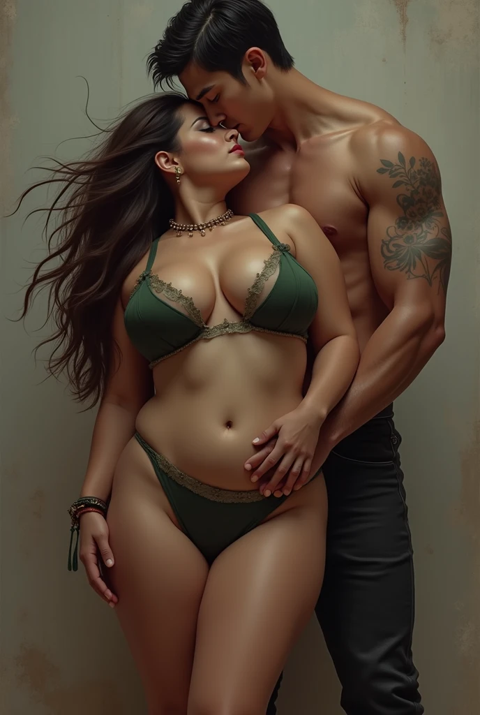 mulher bonita de pele branca, cabelos castanhos naturais, esbelta com grandes e cintura fina, oversized buttoto delicado, Woman hugging strong man in forest, semi-, Illustrations, ultra-detalhado, vivid colors, Romantic lighting, atmosfera de sonho, homem forte pegando firme, gostosa