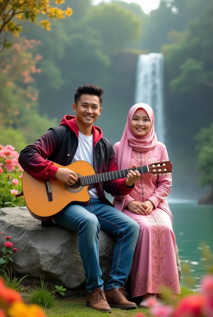 portrait of a romantic Indonesian Muslim couple; A man with short black hair wearing dark blue party clothes plays a guitar; Women in hijab wearing dark blue party clothes holding roses, facing the camera, they are sitting on chairs on green background outdoors, daylight, lens flare, blue sky, they are happy and smiling, romantic pose, beautiful flower decoration on table