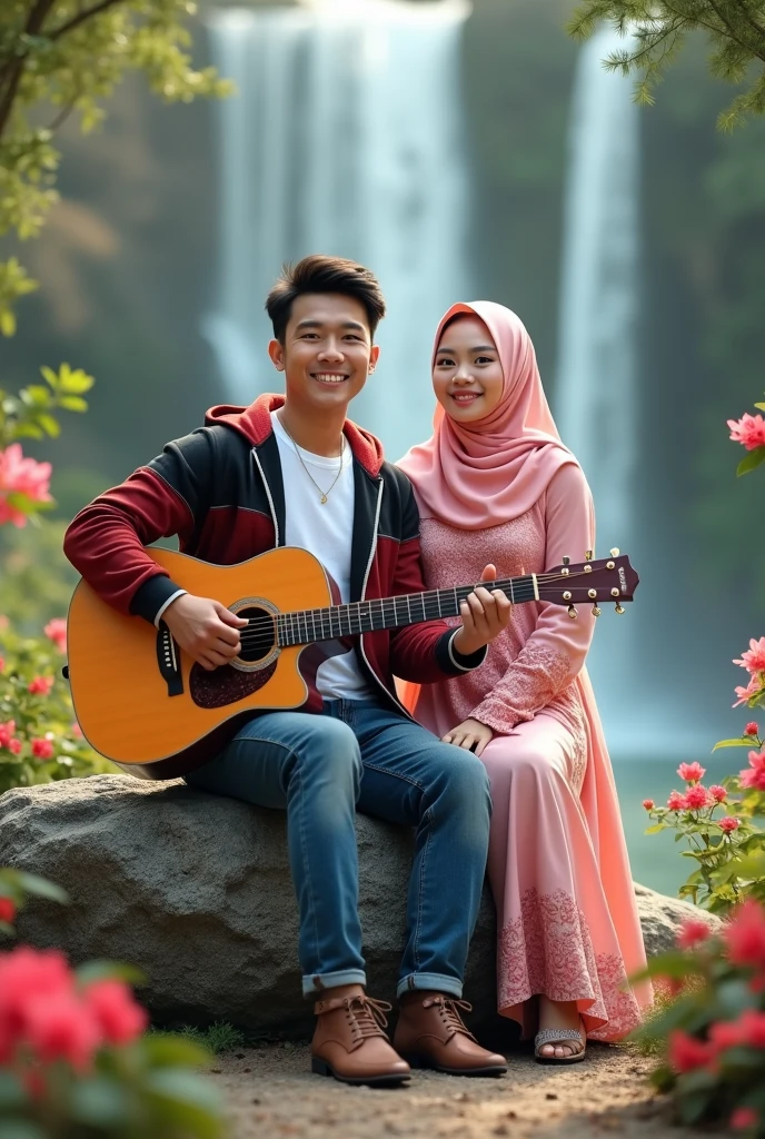 portrait of a romantic Indonesian Muslim couple; A man with short black hair wearing dark blue party clothes plays a guitar; Women in hijab wearing dark blue party clothes holding roses, facing the camera, they are sitting on chairs on green background outdoors, daylight, lens flare, blue sky, they are happy and smiling, romantic pose, beautiful flower decoration on table