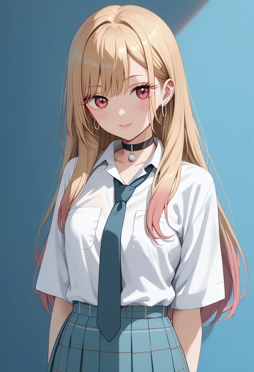 marin kitagawa, long hair, bangs, blonde hair, red eyes, multicolored hair,skirt, shirt, jewelry, school uniform, white shirt, pleated skirt, earrings, necktie, choker, bracelet, blue skirt, plaid, black choker, plaid skirt,