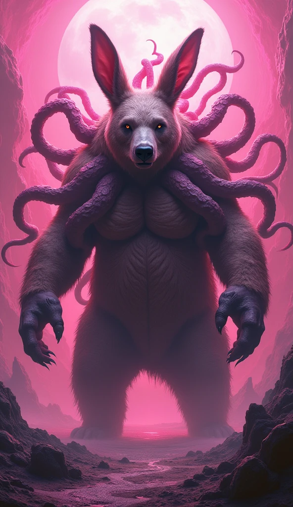 Polar Bear，uncle，Strong Man，Mature male，strong，Flesh and blood deformity（Cthulhu Mythos），Short tentacles extending from the mouth，Mechanical gears，Injured eyeball，Dark Basement（Detailed background:1.2),High Detail, 