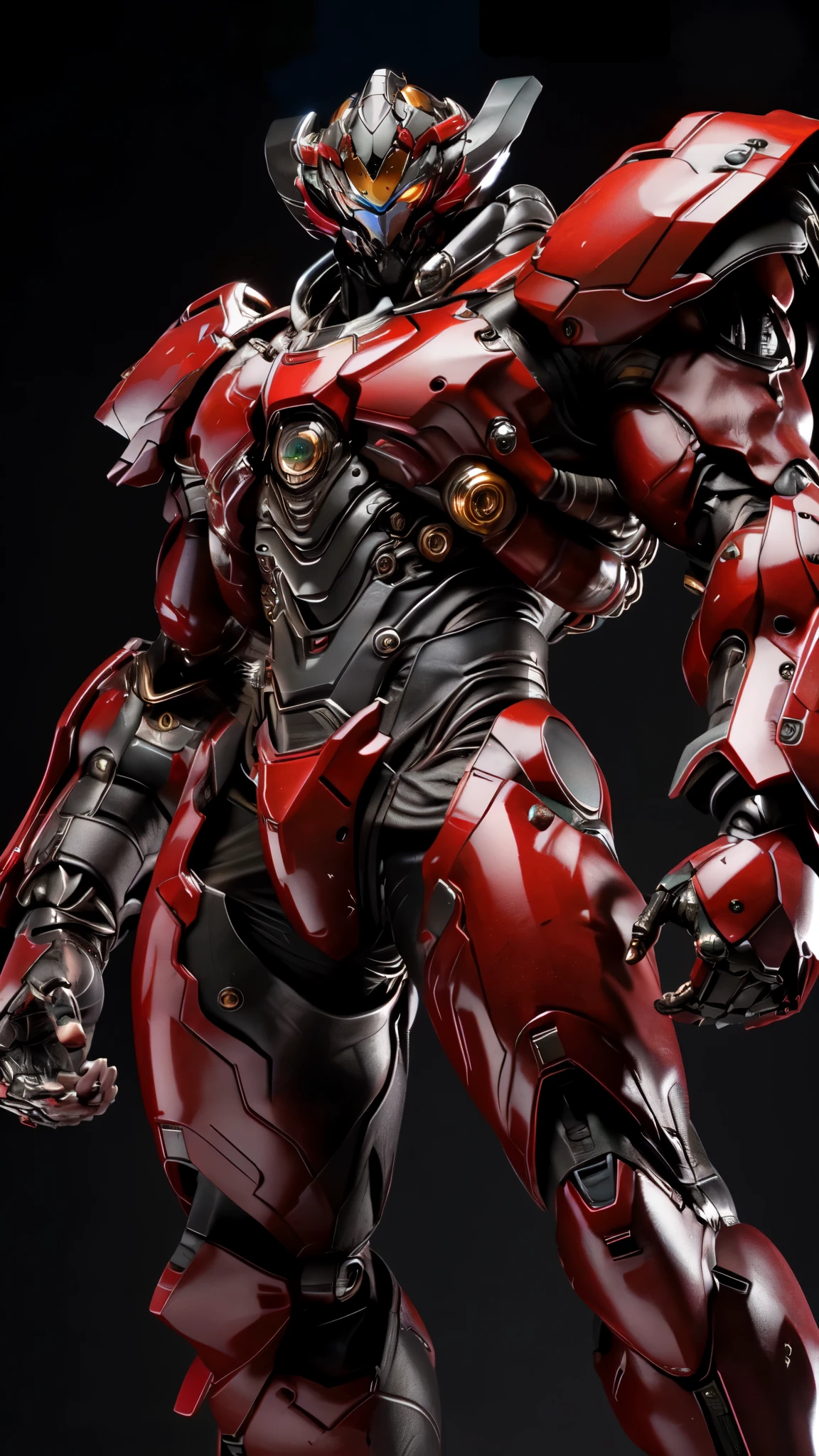 (masterpiece:1.5, best quality:1.5, extremely delicate:1.5), (male:1.5), humanoid Mecha, fully enclosed shoulder guards, matching arm and leg guards, full body, full armor, the design balances heavy with agility, (the color scheme is primarily Black with White and Red accents, the concept Inspired by Robot Anime, ROBOTANIMESTYLE), organic biotech armor, standing, floating high above the futuristic sci-fi city, exquisite and mature art style, (aura effect, glowing eyes, the armor glows), metallic, dramatic, high definition, highres, ultra-detailed, ultra-fine painting, professional, perfect body proportions, anatomically correct, symmetrical face, extremely detailed eyes and face, high quality eyes, creativity, RAW photo, UHD, 32k, Natural light, cinematic lighting, masterpiece-anatomy-perfect