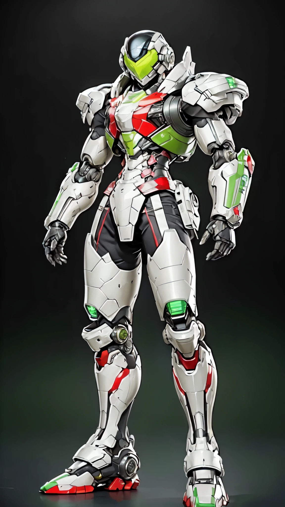 (masterpiece:1.5, best quality:1.5, extremely delicate:1.5), (male:1.5), humanoid Mecha, fully enclosed shoulder guards, matching arm and leg guards, full body, full armor, the design balances heavy with agility, (the color scheme is primarily Green with Red and White accents, the concept Inspired by Biological Robot, BRS, organic biotech armor, standing, floating high above the futuristic sci-fi city), exquisite and mature art style, (aura effect, glowing eyes, the armor glows), metallic, dramatic, high definition, highres, ultra-detailed, ultra-fine painting, professional, perfect body proportions, anatomically correct, symmetrical face, extremely detailed eyes and face, high quality eyes, creativity, RAW photo, UHD, 32k, Natural light, cinematic lighting, masterpiece-anatomy-perfect