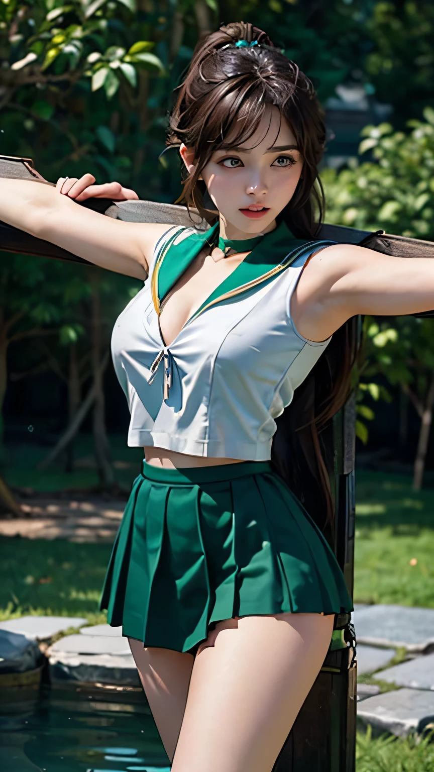 ((Sailor Jupiter Mariner Jupiter: 5)) Best Quality, Ultra High Resolution, Masterpiece, (Realisticity: 1.6), 16K, (1girl with open belly button), white stockings, rainforest, flowers.
