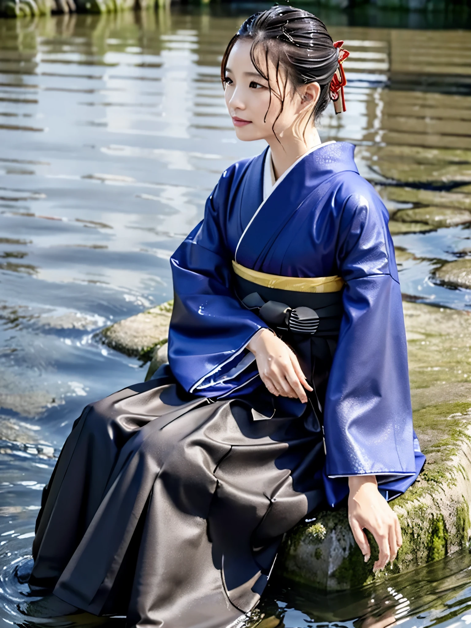 Realistic, long-sleeved kimono, hakama, long hakama, long long-sleeved kimono, wet clothes, soaking wet clothes, wet and shiny clothes, clothes with a wet texture, clothes that stick to the body, immersed in a river, sitting in a river, sitting in water