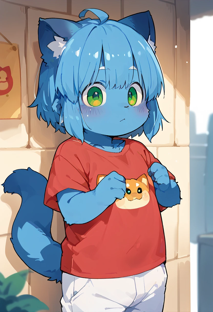 Kemono cat, boy, cute, Blue fur, Blue hair, Green eyes, Wear a red shirt, Long grey white pants, solo