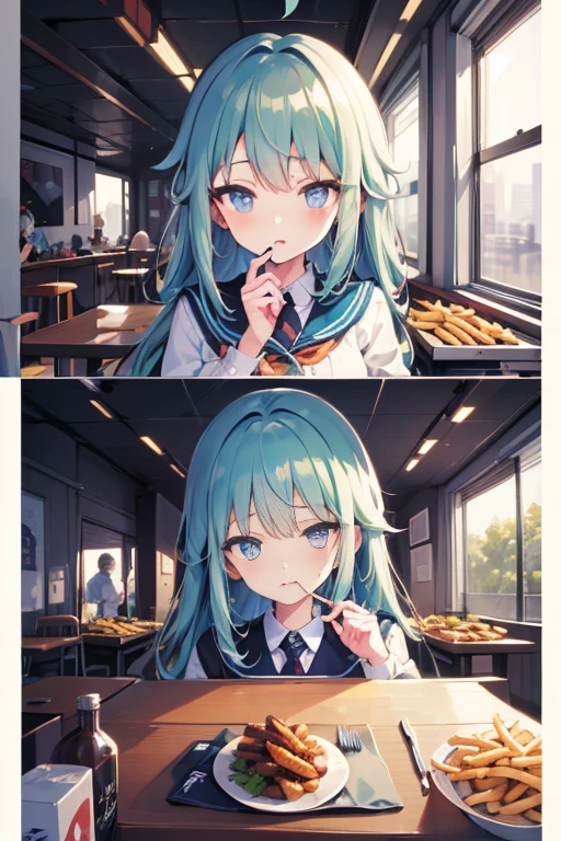 (((beautiful detailed)))(cute face:1.2)1girl, A girl stuffing her mouse with french fries, Girl laughing while eating a french fries, Inside a 2000s-style diner, 2024s-style interior, light Navy blue hair, blue eyes, A short-sleeved white shirt with four vertical bow ties, Ahoge, long bob cut with fluffy hair(sharp lines:1.2)(clear line:1.2)(eye details:1.3)(thick border:1.4) animation cel style,ligne claire, limited palette((masterpiece, high quality, best quality))(high contrast: 0.5),Anna yanami, blue hair, blue eyes, school uniform, makeine, too many losing heroines, watercolor pencil, paper texture,Anna yanami, blue hair, blue eyes, school uniform, makeine, too many losing heroines, 