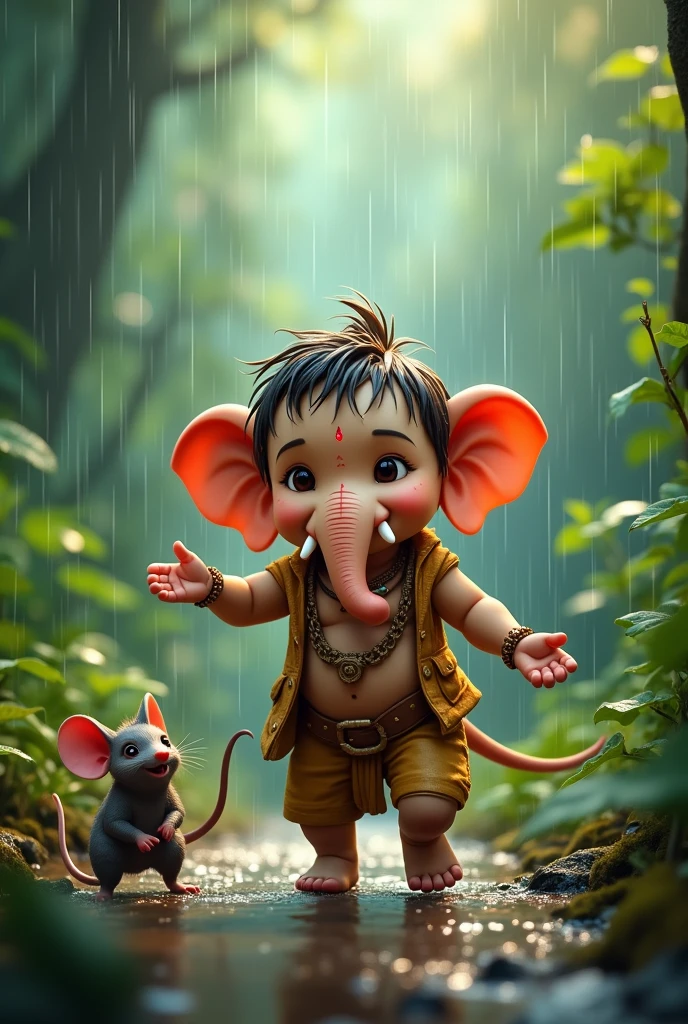 Too small ganesha age is below 4 with hairs in head running and playing under a tree near river realistic atmosphere with lot of flowers and his vehicle small rat