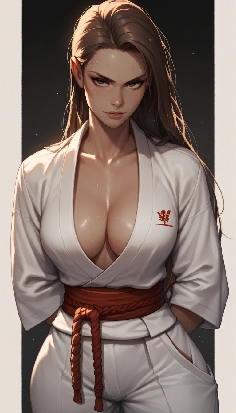 score_9, score_8_up, score_7_up, score_6_up, score_5_up, score_4_up, sensei, extremely detailed, long hair tied back, brown eyes, seductive look, perfect face, sweat, (karate uniform), cleavage, wide hips, standing, dark background
