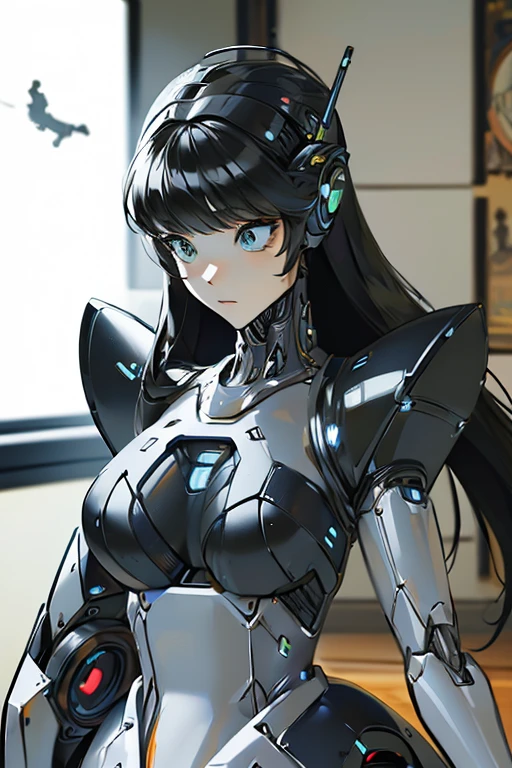 (masterpiece),(Highest quality),(Super detailed),(Best illustrations),(Best Shadow),(Absurd),(Detailed Background),(so beautiful), 16K, 8K, 4K,(Best Shadow),empty eyes,robotization,woman ,big bust,Robot Joint ,Metal skin,Black Suit,long hair,a black suit that covers the whole body,robot hand,cyber bodysuit,mecha head,cyborg eye,robotization, transforming into robot,(Detailed hands and fingers:1.2)