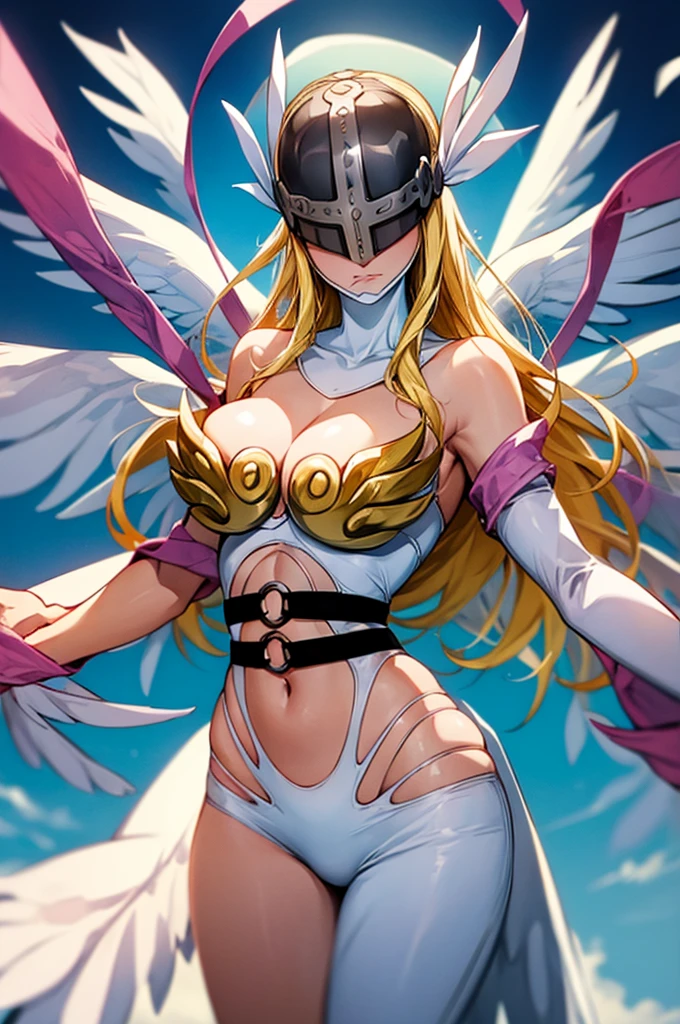 angewomon, long hair, breasts, blonde hair, large breasts, huge breasts, ribbon, navel, bare shoulders, wings, o-ring, helmet, head wings, feathered wings, angel wings, white wings, covered eyes, multiple wings, digimon (creature), winged helmet, wearing a evening dress, anime screencap, cowboy shot, (obra maestra:1.1), (La mejor calidad:1.1), (Colores vivos:1.1)