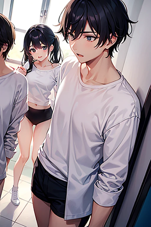 A girl with short black hair and modest pubic hair stands naked in front of a group of male students、Standing there shaking with embarrassment and crying