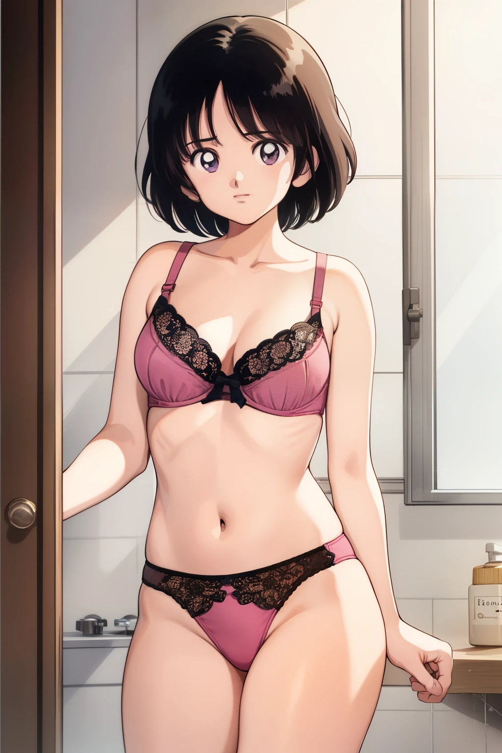 (masterpiece), (Best Quality), (detailed), (High resolution),( Very delicate and beautiful), Anime Color), One girl, (Haruka), Black Hair, Short Hair, bangs, View your viewers, Mid-chest, Clevis, (pink Lace bra), (pink Lace thong: 1.2), (changing clothes: 1.3), cowboy shot, indoors, shower room