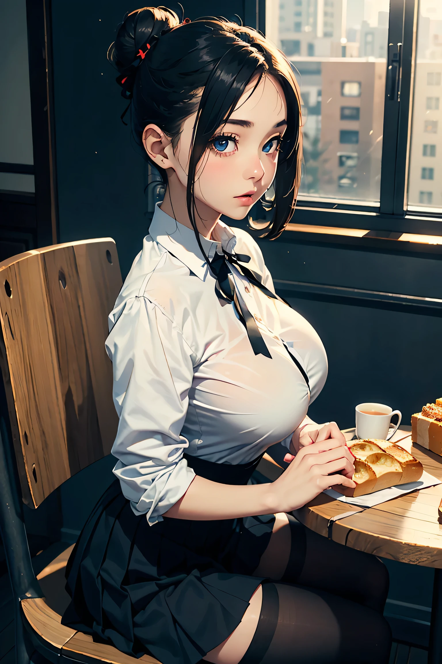 A age girl、(masterpiece:1.4)、(in 8K、realisitic、Raw photo、top-quality:1.4)、(Real Face:1.4)、(real looking skin:1.3)、超A high resolution、A hyper-realistic、Eyes in Beautiful Details、black hair shorthair、White collared shirt、Red ribbons、pleatedskirt、(huge-breasted:1.5)、gargantilha、Blushing、alluring face、cafes、corn soup