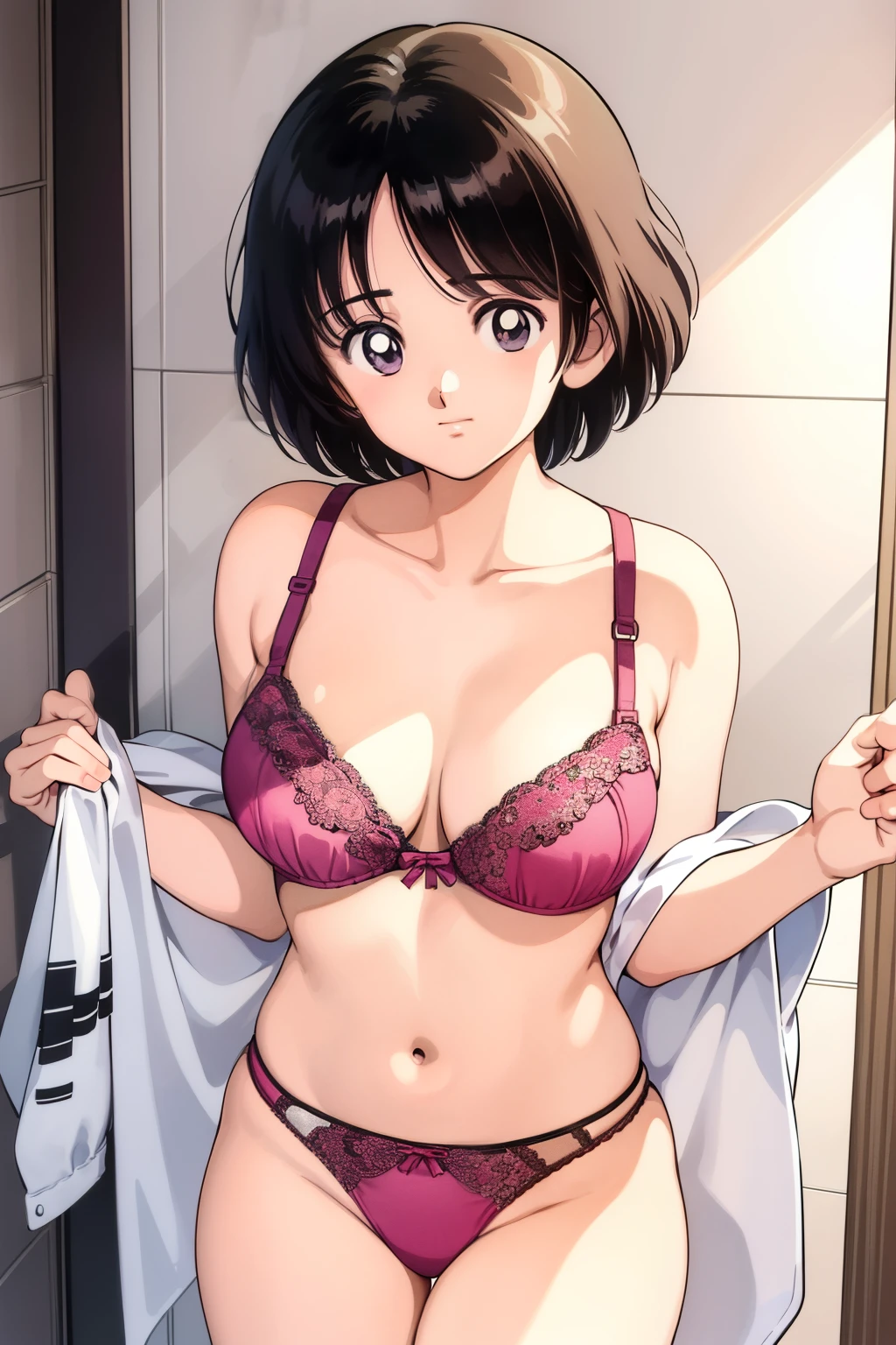 (masterpiece), (Best Quality), (detailed), (High resolution),( Very delicate and beautiful), Anime Color), One girl, (Haruka), Black Hair, Short Hair, bangs, View your viewers, Mid-chest, Clevis, (pink Lace bra), (pink Lace thong: 1.2), (changing clothes: 1.3), cowboy shot, indoors, shower room