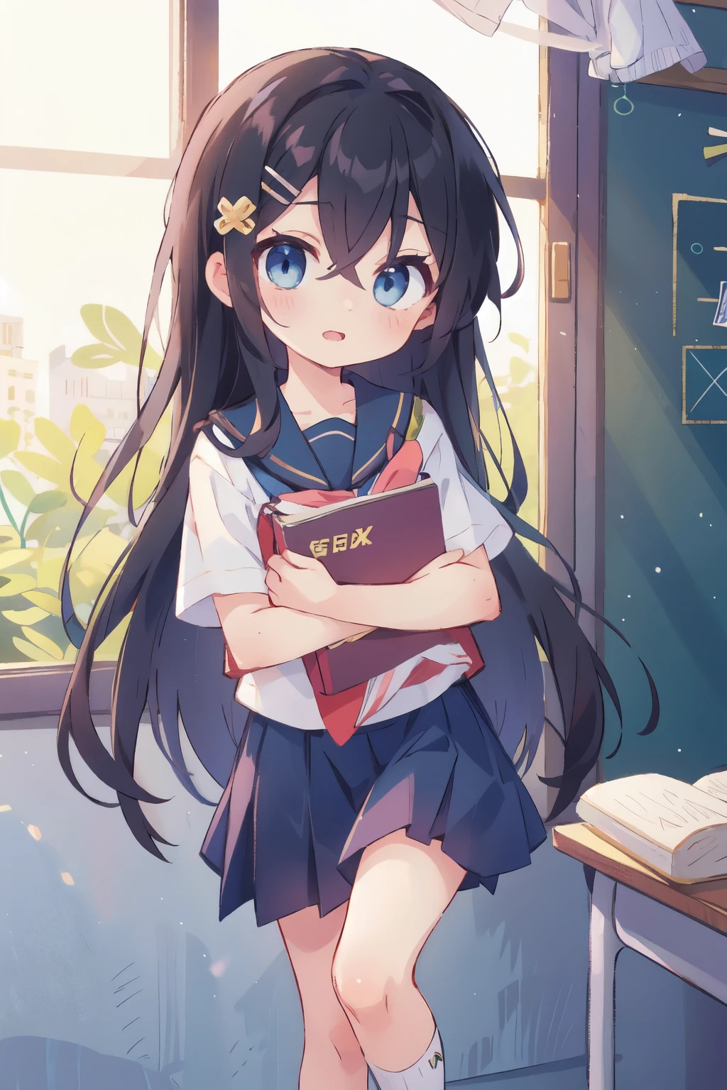 long hair,hair ornament,black hair,bangs,very long hair,blue eyes,hair between eyes,Hana Shirosaki,school_uniform,