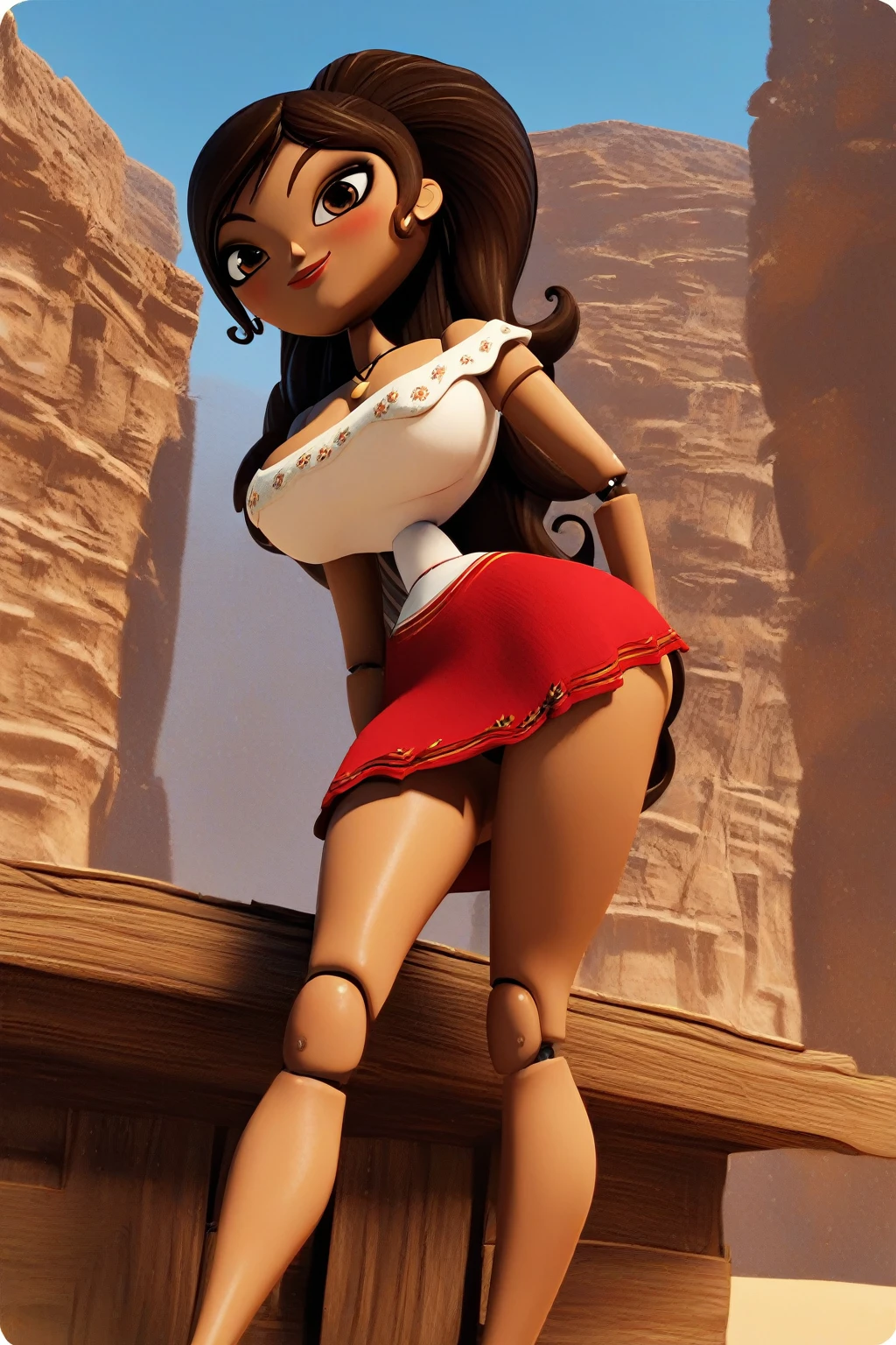 1girl, long hair, ponytail, necklace, joints, cleavage, bare shoulders, off shoulder, wood doll, dark skin, Brown Hair, desert city, day, smile, blushing, Big breasts, dark skin, feet, sexy ass, solo, 1 girl, looking at viwer, front view, standing, Bent Over, white dress, red skirt, mini skirt, below view, cute feet, wood doll, wood skin, black thong 