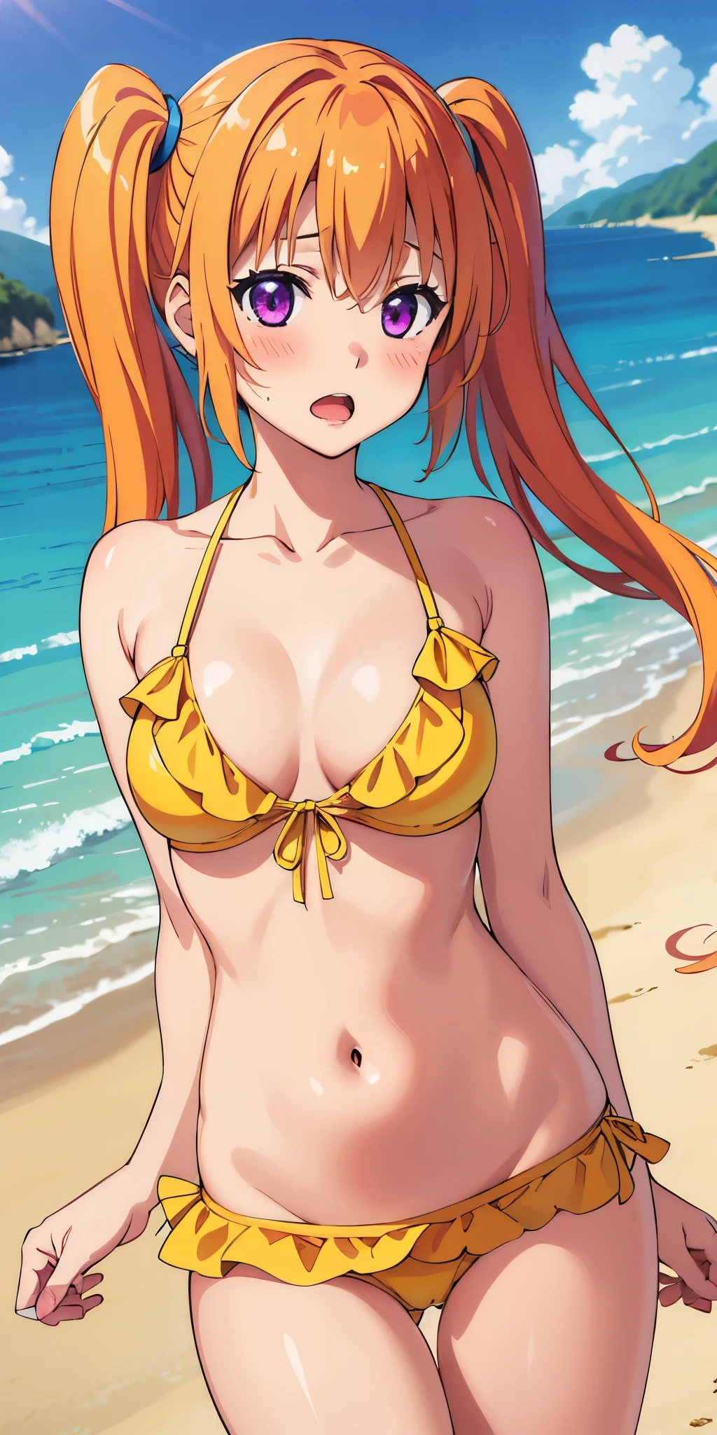 best quality, masterpiece, detailed, ShidouIrina, 1girl, open mouth, blush, orange hair, long hair, twintails, purple eyes, yellow bikini, frilled bikini, pre, arms at sides, beach, water,cum,after sex, 