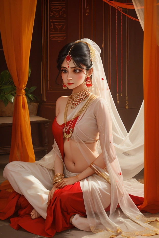 Indian white bride in half naked red sari，Anxiously waiting for her husband