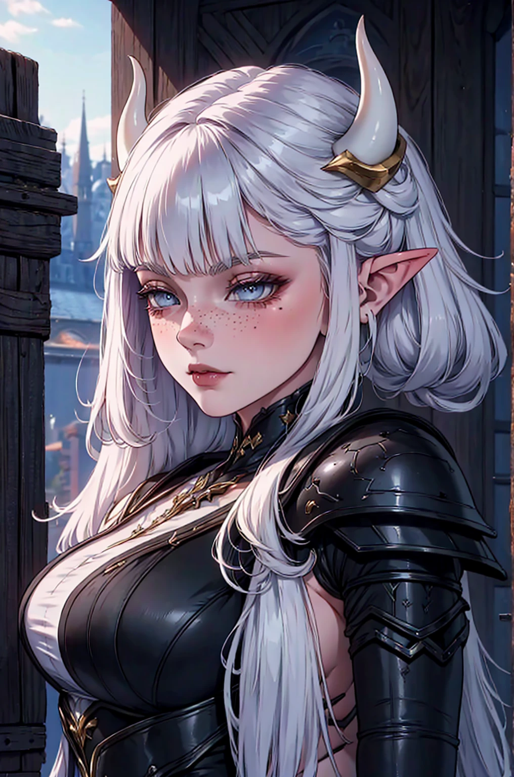 white demon horns, a close up of a female, calm expression, pastel goth, portrait, big elf girl with freckles, light grey eyes, pointy ears, freckles, many freckles on face, white horns, metal plate armor, unreal 5. rpg portrait, 8k portrait render, unreal engine 5, beautiful female elf, unreal engine character art, female character, female lead character, there is a woman in a black leather outfit posing for a picture, gorgeous goddess