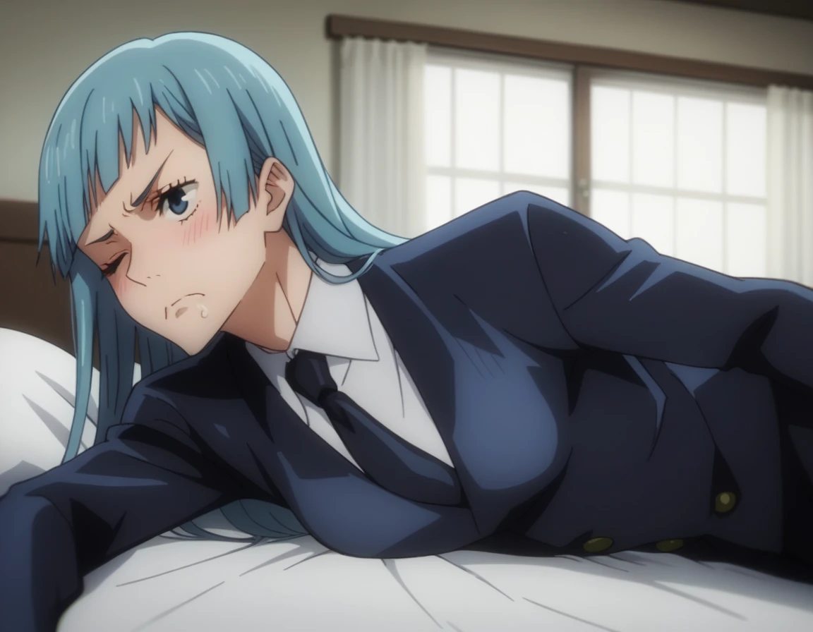 sauce_anime, ambient light,
jujutsu_kaisen_style, kasumi miwa,, ,1girl ,tall girl,, blue hair, long hair, blue eyes, wince, frown, Perfect face, expressive eyes ,
nsfw, (show off breast), black necktie , formal, suit ,
indoors, bed, realistic bed room, (on side), , navel, steam, 
cowboy shot,, solo, dutch angle, blush,, , saliva,, medium breast, 