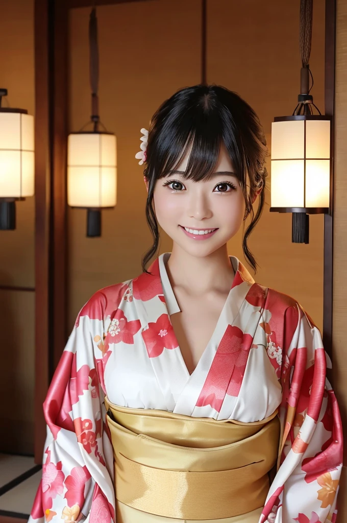 8k、High definition、Ultra Detail、Photorealistic、High resolution、Realistic and accurate depiction、Realistic and accurate human anatomy、Best Quality、Japanese women 、beautiful girl、(((JPGND))), (((kimono))), ((Best Quality、8k傑作:1.3))、(Super beautiful face:1.0)、(Glowing Skin:1.0)、Realistic photos、Perfect dynamic composition, Video Lighting、High resolutionの目と顔、One of the Japanese, Pure beauty, cute, elegant, kimono, smile, ,A long-established inn in Kyoto, Japanese Garden, Luxurious Japanese-style room, 振り返ってsmile