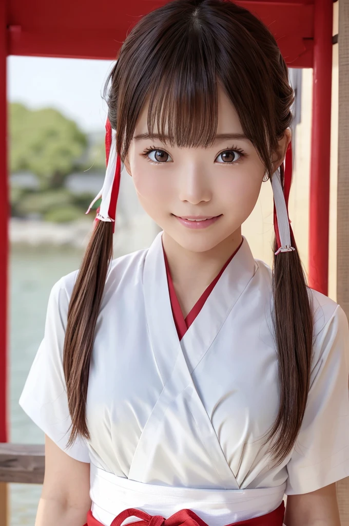 8k、High definition、Ultra Detail、Photorealistic、High resolution、Realistic and accurate depiction、Realistic and accurate human anatomy、Best Quality、Japanese women 、beautiful girl、White and red hakama、Red hakama on top and red on bottom,White tabi,Red ribbon in hair,1,bangs,Smile a little,knees,Japanese style hairstyle,Looking up from below, An innocent smile、Natural Makeup、Perfect Skin、Charming、cute