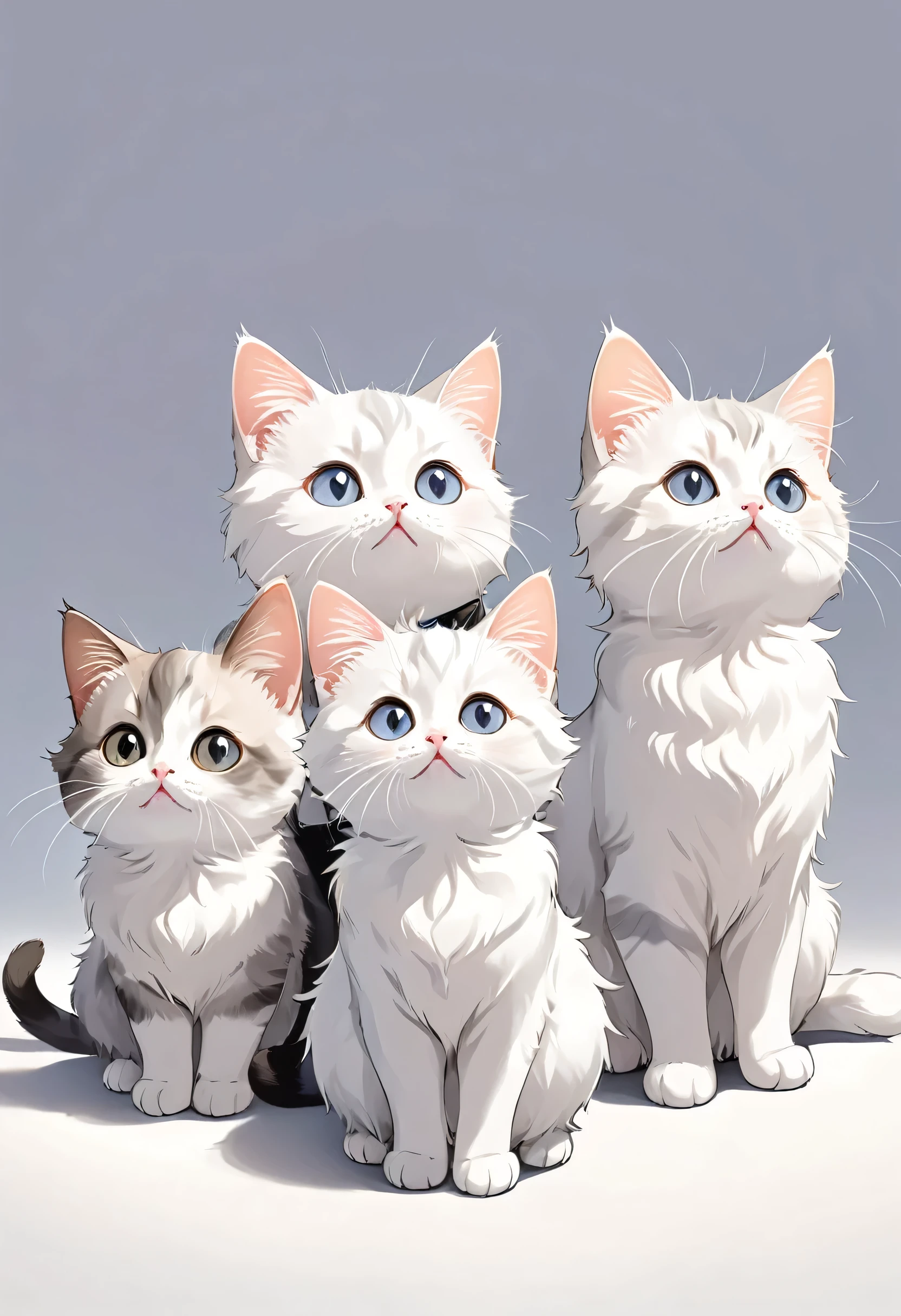 In TOK style, White and light grey fur，4 cute cats, Munchkin cat,Look up at the audience，Sitting on the floor, Simple background