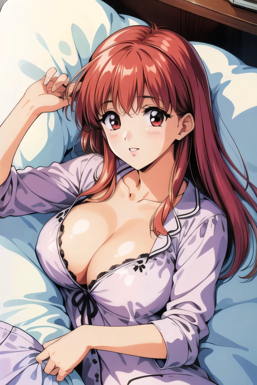 masterpiece, Best Quality, High resolution, 1990s \(style\),、Lying in bed in pajamas　Shot from above　Cleavage　