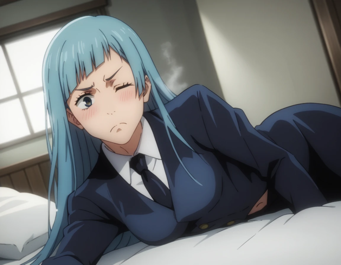 sauce_anime, ambient light,
jujutsu_kaisen_style, kasumi miwa,, ,1girl ,tall girl,, blue hair, long hair, blue eyes, wince, frown, Perfect face, expressive eyes ,
nsfw, (show off breast), black necktie , formal, suit ,
indoors, bed, realistic bed room, (on side), , navel, steam, 
cowboy shot,, looking at viewer, solo, dutch angle, blush,, , saliva,, medium breast, 