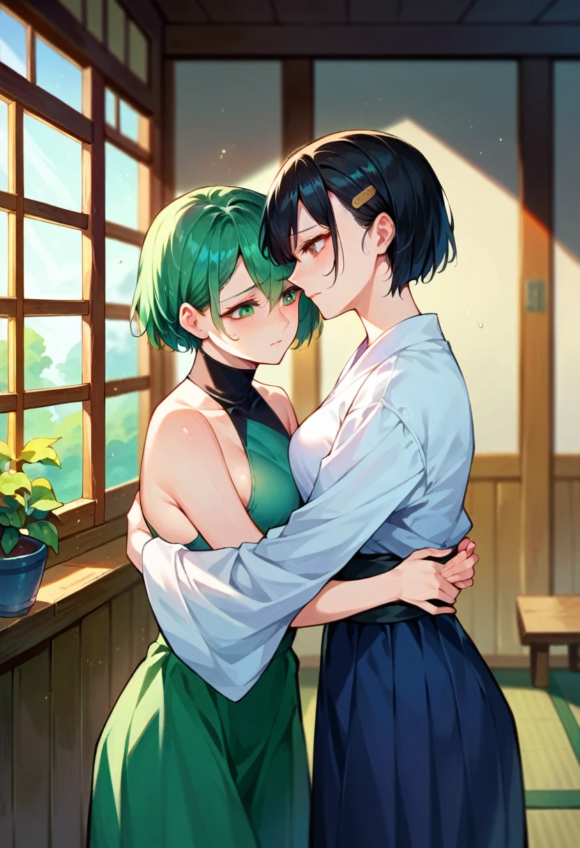 (anime drawing)One GL women (lesbians) kiss each other passionately. (Beautiful, sexy, hot) They kiss in their beautiful, harmonious embrace