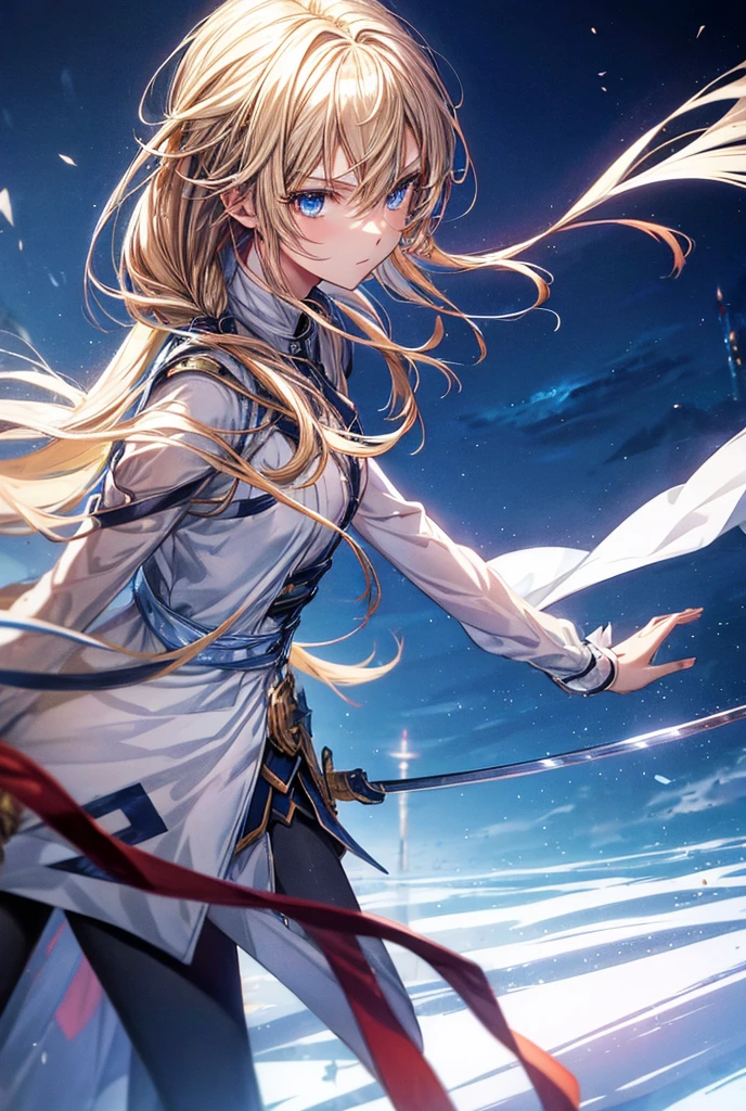 anime, female, swordsman, running at full speed, jumping, sword fighting, serious look, looking ahead, semi long, low twintails, shiny hair, wavy hair, blonde, gradient hair, blue eyes, with sparkling eyes, shiny skin, slender, with a sword, adult, Epic Battle Scene, in the grassland, with a tower, at night, cowboy shot, front view, ground-level shot, dynamic angle, cowboy shot, moonlight, shining lights