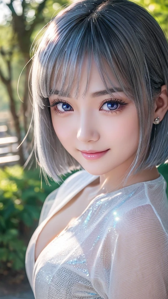 A pretty girl, beautiful detailed eyes, beautiful detailed lips, extremely detailed eyes and face, long eyelashes, elegant, graceful pose, serene expression, soft natural lighting, highly detailed, 8k, photorealistic, cinematic lighting, intricate details, masterpiece,Highres fix,Portrait,School uniforms,Bright expression,Younger,brighter, whiter skin,Gloss Face,Cheek gloss,Best Looks,(Platinum silver short hair:1.5),Shiny bright hair,silky hair,charming big clear blue eyes,dorropy eyes,cutei eyes,Very beautiful,lovely girl,cute girl,perfect breasts