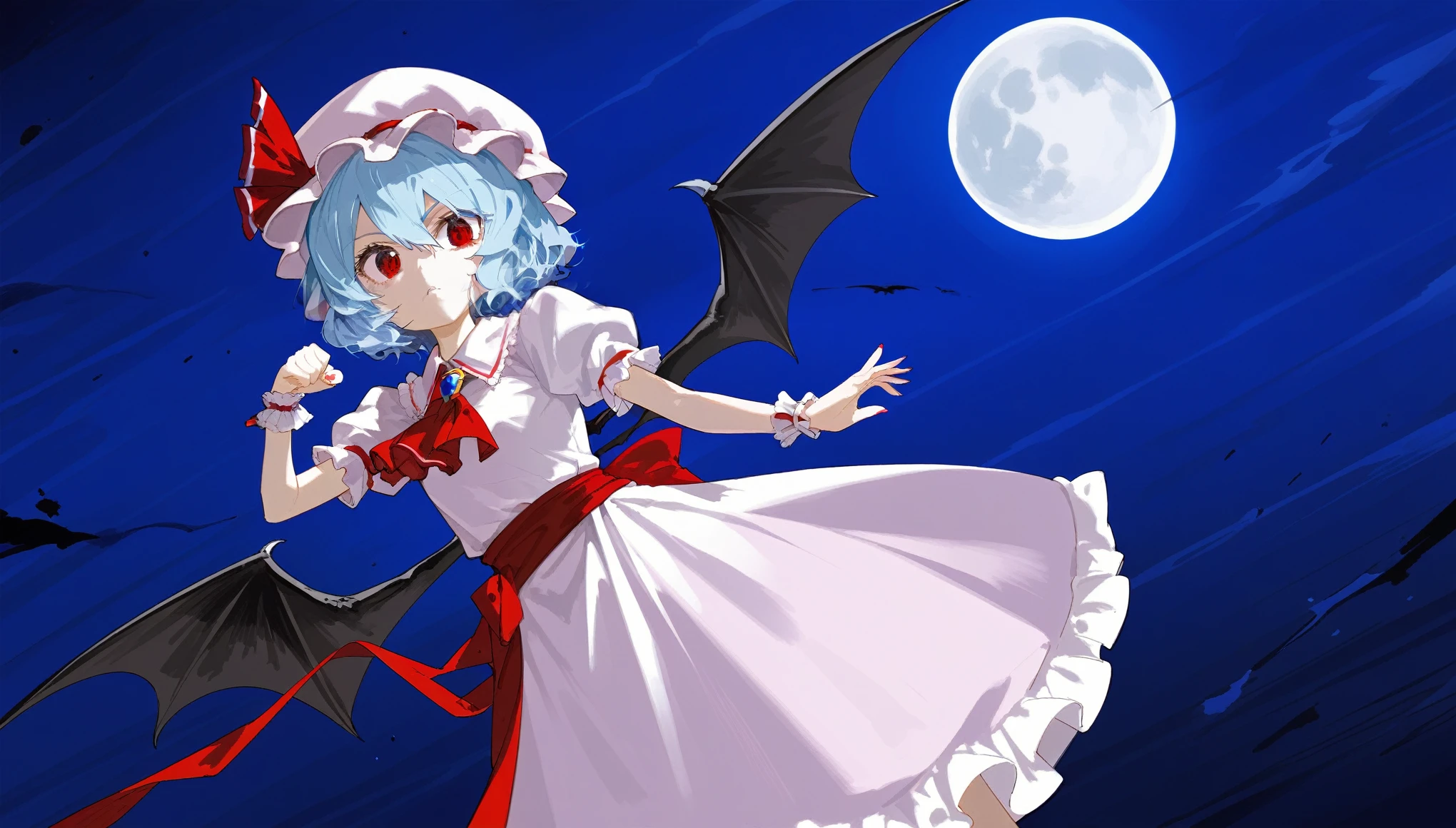 1girl, solo, (dutch angle:1.4), acrobatic pose, Diabolical, Ruined palace in the distance, Gloomy painting style，
Anime Girls, blue hair, dress, frills, hat, hat ribbon, mob cap, pink dress, puffy sleeves, red ascot, red eyes, red sash, remilia scarlet, ribbon, sash, short hair, short sleeves, white dress, wings, wrist cuffs, flying bat background, 
red full moon, night sky, night, red moonlight, 
Score_9,Score_8,score_7_up,source_anime, rating_questionable,